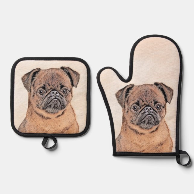 Brussels Griffon Painting Red Smooth Cute Dog Art Oven Mitt & Pot Holder Set (Front)
