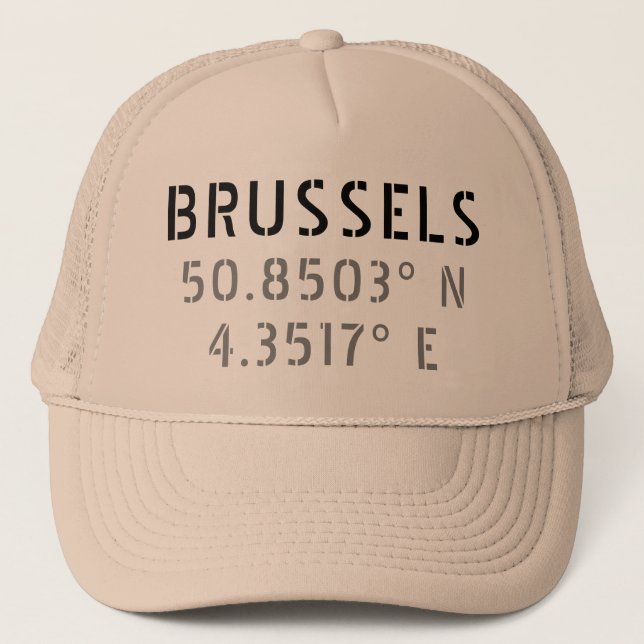 Brussels Latitude Longitude Trucker Hat (Front)