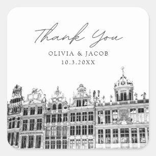 Brussels Wedding Black & White Favour Thank You Square Sticker