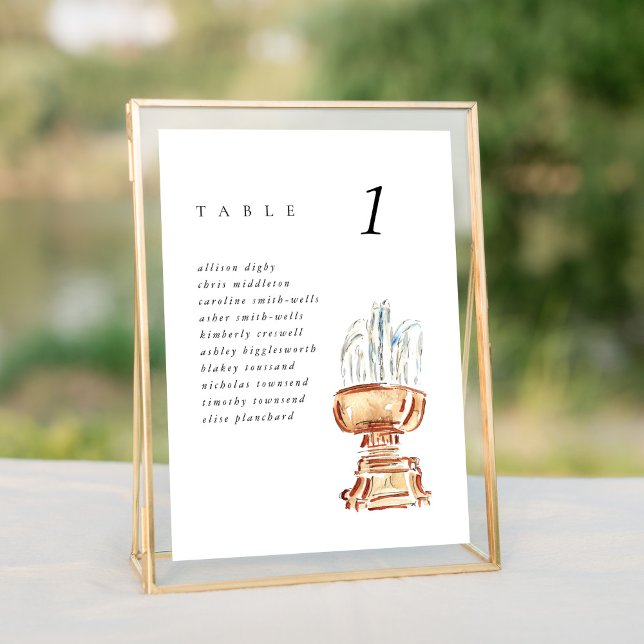 Bryant Park Fountain NYC Wedding Seating Chart (Watercolor Bryant Park Fountain New York City wedding table number seating chart sign.)