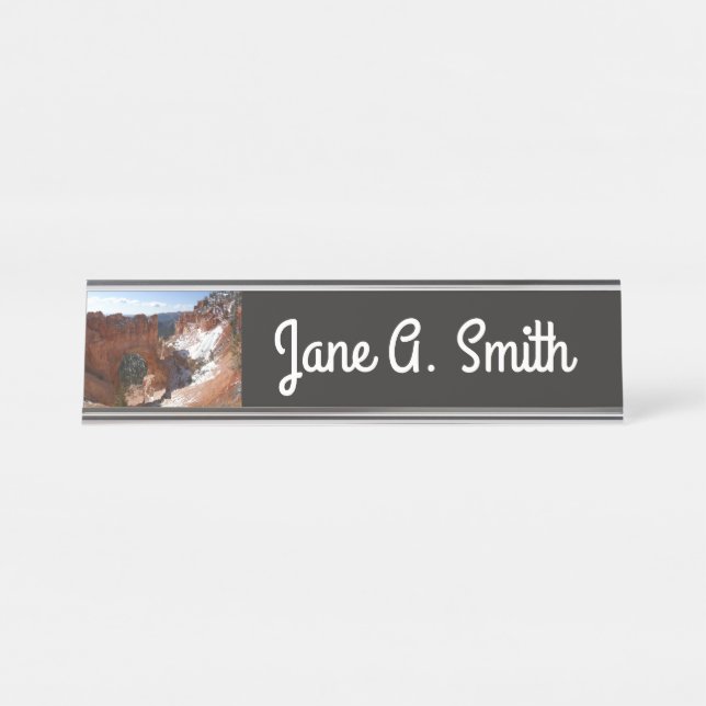 Bryce Canyon Natural Bridge Snowy Landscape Photo Desk Name Plate (Front)