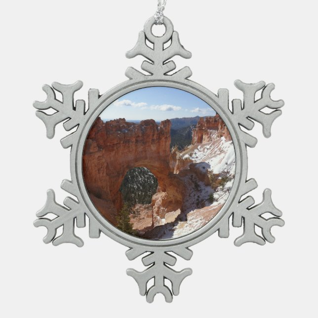 Bryce Canyon Natural Bridge Snowy Landscape Photo Snowflake Pewter Christmas Ornament (Front)