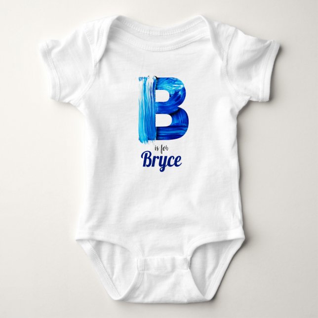 Bryce Name Reveal Letter Boy Blue Paint Newborn Baby Bodysuit (Front)