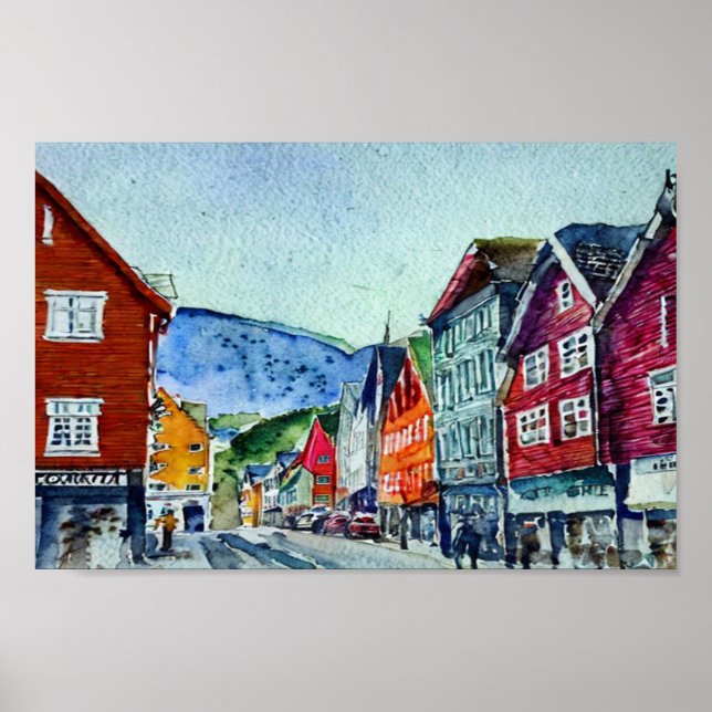 bryggen bergen norway watercolor poster (Front)