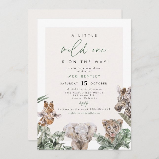 BRYN Cute Jungle Safari Baby Animal Baby Shower Invitation (Front/Back)