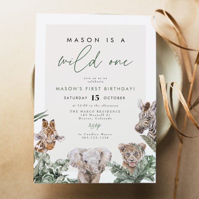BRYN Cute Jungle Safari Wild One First Birthday Invitation (Creator Uploaded)