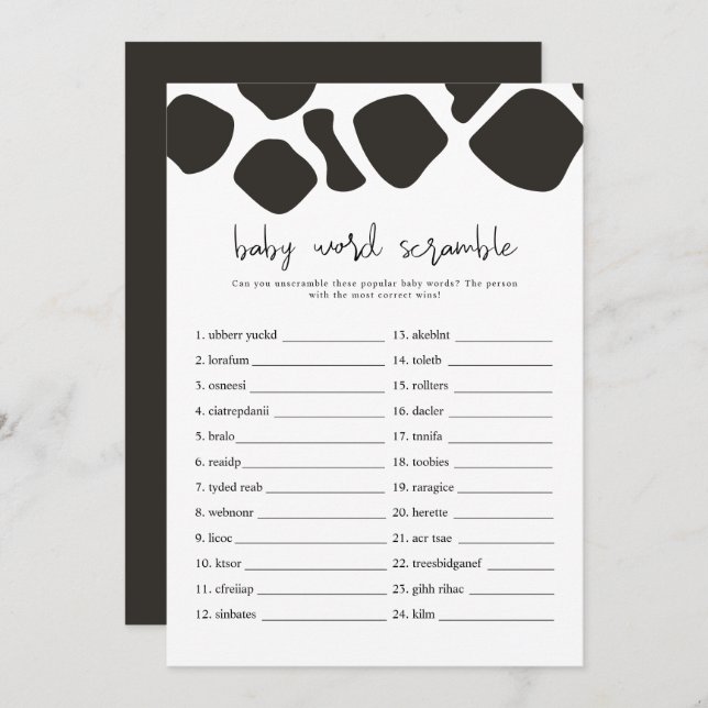 BRYNDLE Modern Cow Print Baby Word Scramble Game   Invitation (Front/Back)