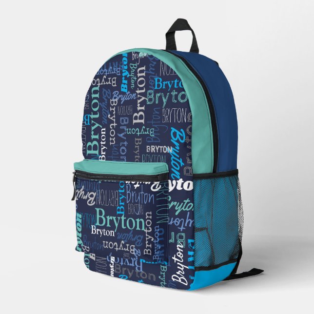 Bryton personalised name dark blue cyan aqua printed backpack (Back Corner Right)