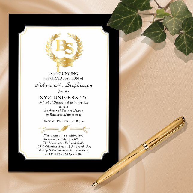 BS - Bachelor of Science Degree College Graduation (Elegant "BS" Bachelor of Science Degree College Graduation Foil Invitation)