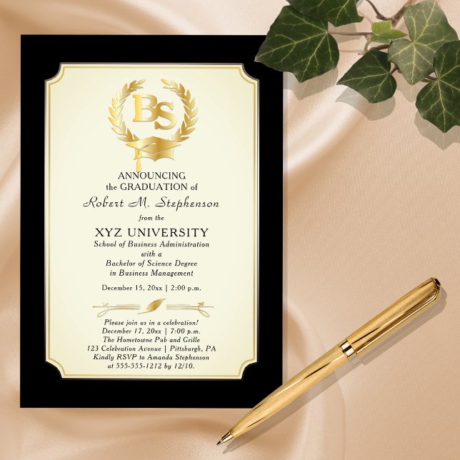 BS - Bachelor of Science Degree College Graduation (Elegant "BS" Bachelor of Science Degree College Graduation Foil Invitation -- Off White)