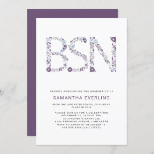 BSN graduation celebration, floral nurse purple Invitation