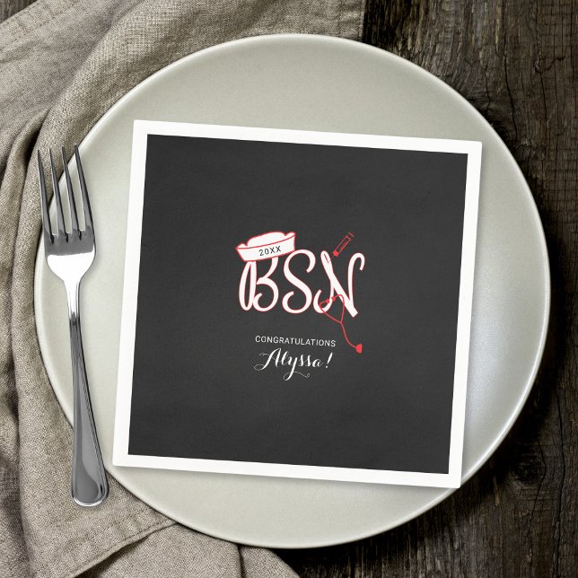 BSN nurse graduation party decor, red chalkboard Napkin (Creator Uploaded)