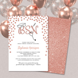BSN nurse graduation rose gold confetti pinning Invitation