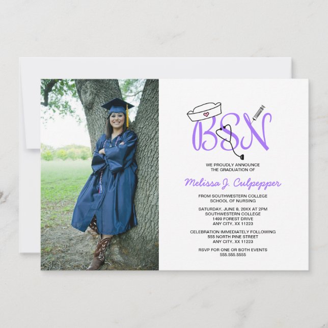 BSN Nurse photo graduation pinning party / purple Invitation (Front)