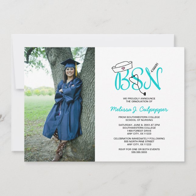 BSN Nurse photo graduation pinning party / teal Invitation (Front)