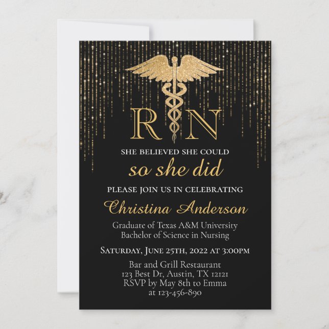 BSN RN Gold Sparkly Glitter Nursing Graduation Invitation (Front)