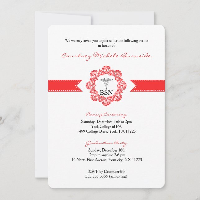 BSN RN graduation / pinning ceremony / red Invitation (Front)