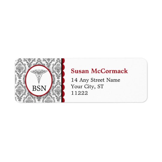 BSN RN LPN Damask Caduceus Black Burgundy Return Address Label