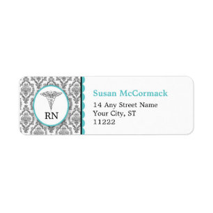 BSN RN LPN Damask Caduceus Black Turquoise Return Address Label