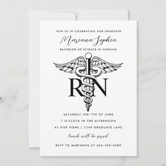 BSN RN Nurse Graduation Black and White Invitation (Front)