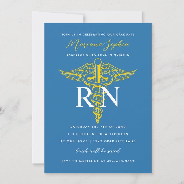 BSN RN Nurse Graduation Blue and Gold Invitation (Front)