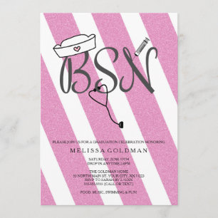 BSN RN nurse graduation invites hot pink glitter