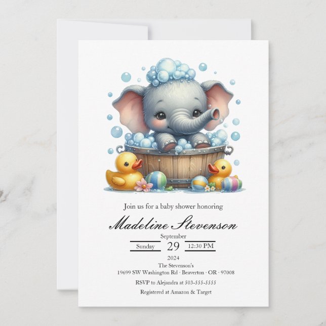 Bubble Bath Elephant Themed Baby Shower Invitation (Front)