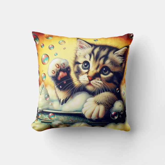 “Bubble Bath Kitten - Whimsical Bath Time Art” Cushion (Front)