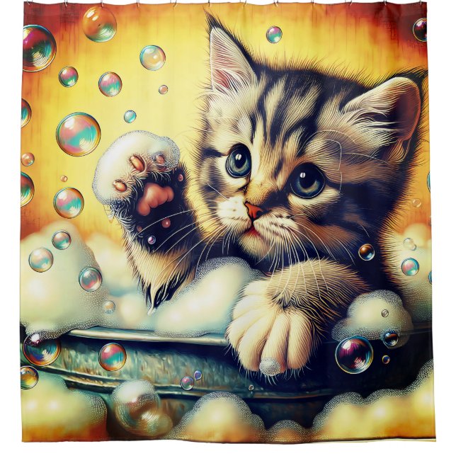 “Bubble Bath Kitten - Whimsical Bath Time Art” Shower Curtain (Front)