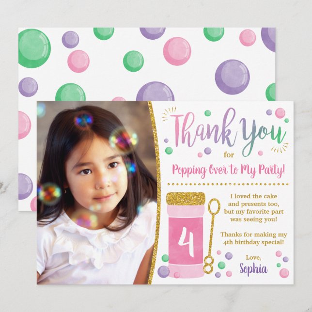 Bubble Birthday Thank You Card | Pink and Gold (Front/Back)