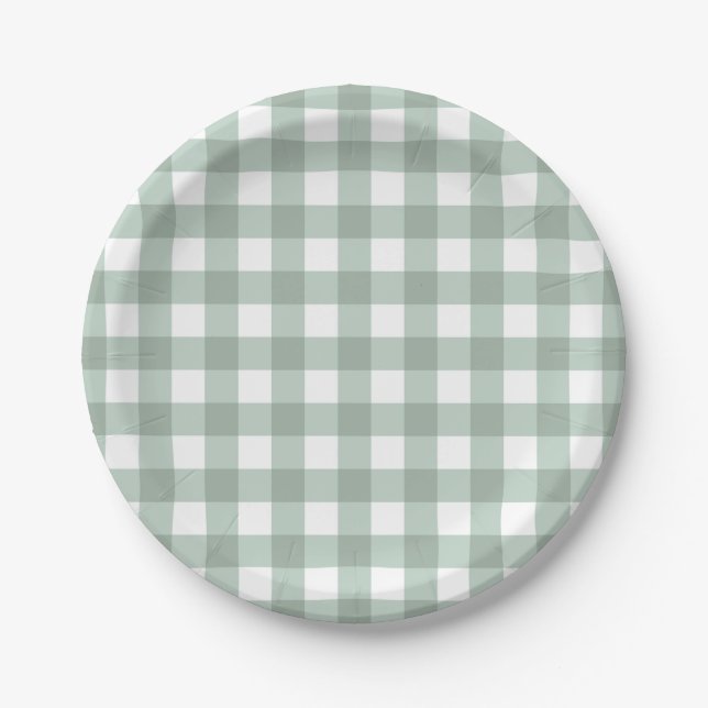 Bubble Frogs Gingham - sage laurel green plaid.  Paper Plate (Front)