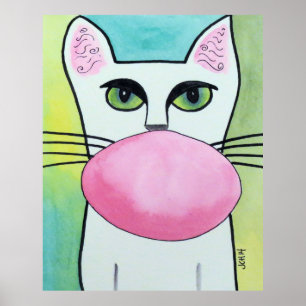 Bubble Gum Cat in Green Original Art Poster