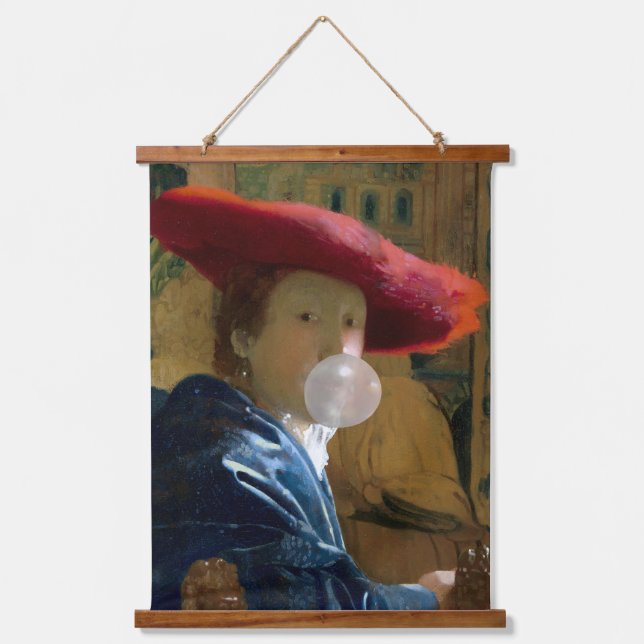 Bubble gum Diva in a red hat blowing a bubble gum Hanging Tapestry (Front)