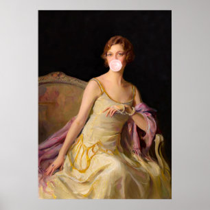 Bubble gum Diva in a yellow dress blowing a pink b Poster