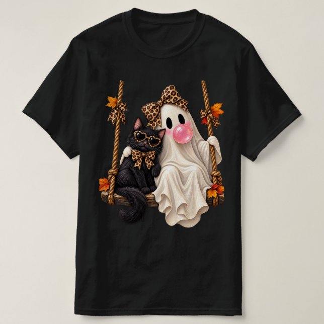 Bubble Gum Ghost Black Cat Leopard Coquette bow  T-Shirt (Design Front)
