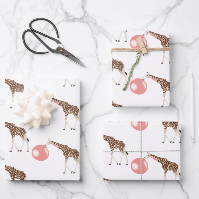 Bubble Gum Giraffe Blowing Bubble Wrapping Paper Sheet (Front)