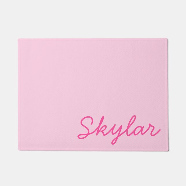 Bubble Gum Pink Hot Pink Custom Cursive Name Doormat (Front)