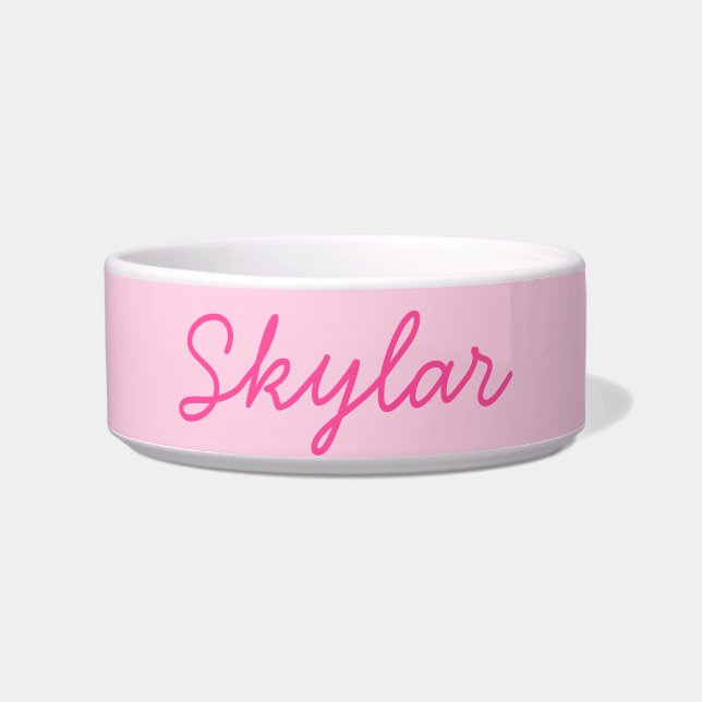 Bubble Gum Pink Hot Pink Custom Cursive Name Pet Bowl (Front)
