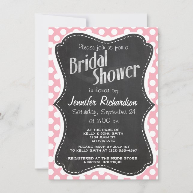 Bubble Gum Pink Polka Dots; Retro Chalkboard Invitation (Front)