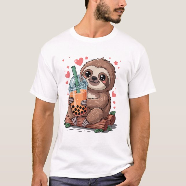 Bubble Kawaii Sloth Drinking Boba Tea T-Shirt (Front)