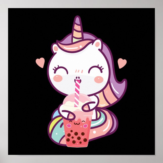 Bubble Kawaii Unicorn Drinking Boba Tea Poster (Front)