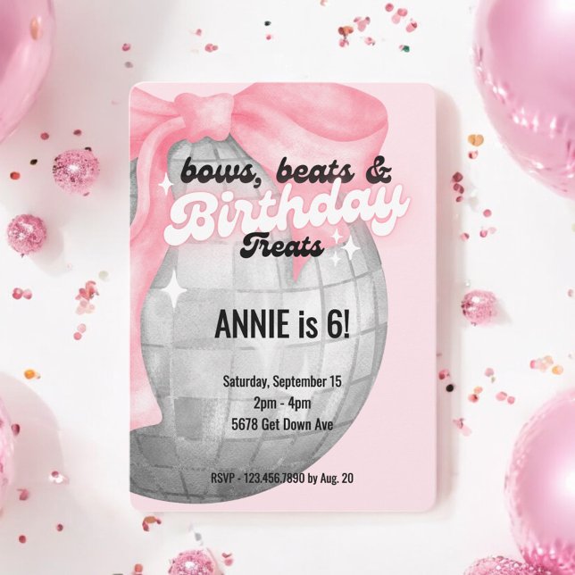 Bubble Letters Pink Bow Disco Ball Birthday Invitation (Creator Uploaded)