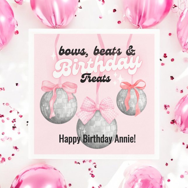 Bubble Letters Pink Bow Ribbon Silver Disco Balls Napkin (Creator Uploaded)