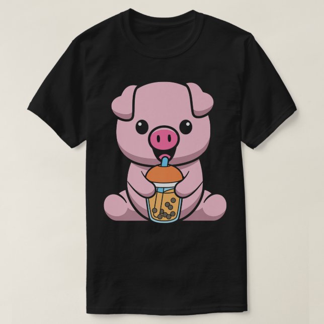 Bubble Milk Tea Pig Cute Pig Drinking Boba Milk Te T-Shirt (Design Front)