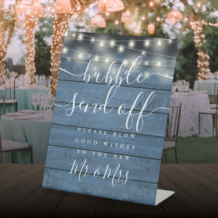 Bubble Send Off String Lights Blue Rustic Wood Pedestal Sign