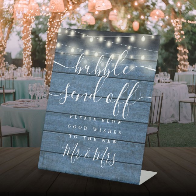 Bubble Send Off String Lights Blue Rustic Wood Pedestal Sign (Bubble Send Off String Lights Blue Rustic Wood Pedestal Sign)