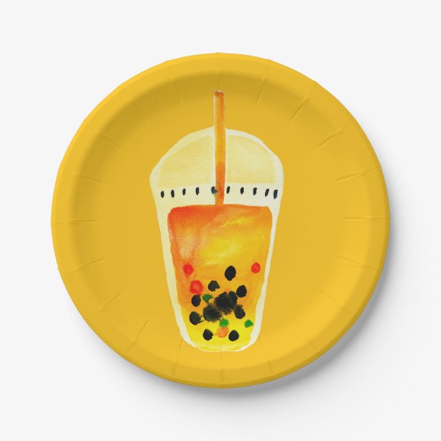 Bubble tea boba watercolor art paper plate (Front)