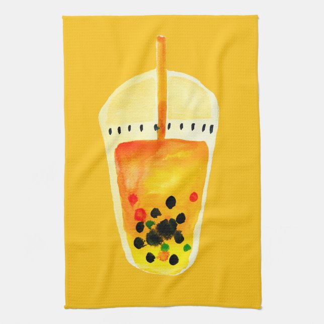 Bubble tea boba watercolor art towel (Vertical)