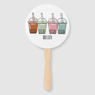 Bubble tea cartoon illustration hand fan