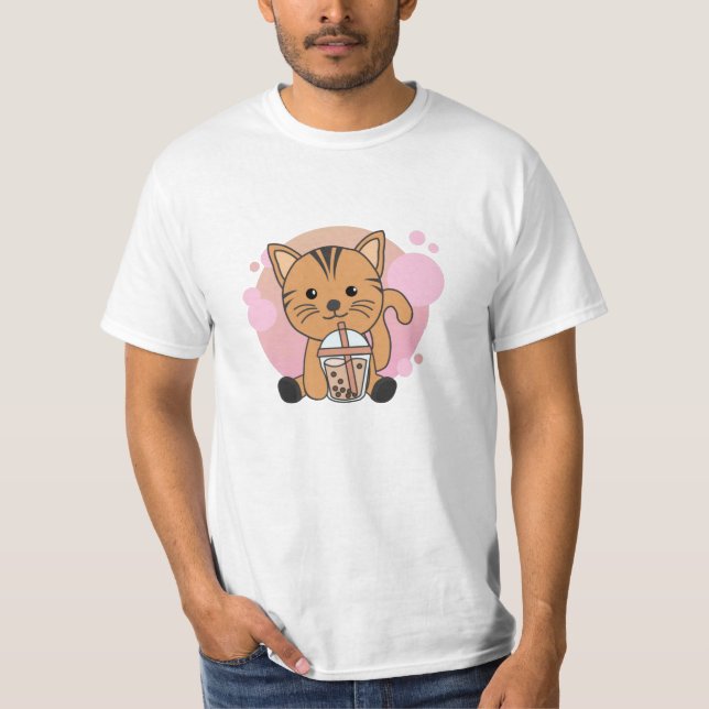 Bubble Tea Cat With Chocolate Sweet Animals Cats T-Shirt (Front)